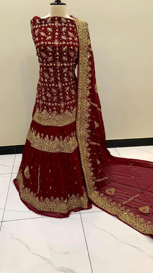 Gul-e-Shahi | Wedding Farshi Bridal Lehenga | Handmade Kora Dupka Stone Embroidery Chiffon Dress