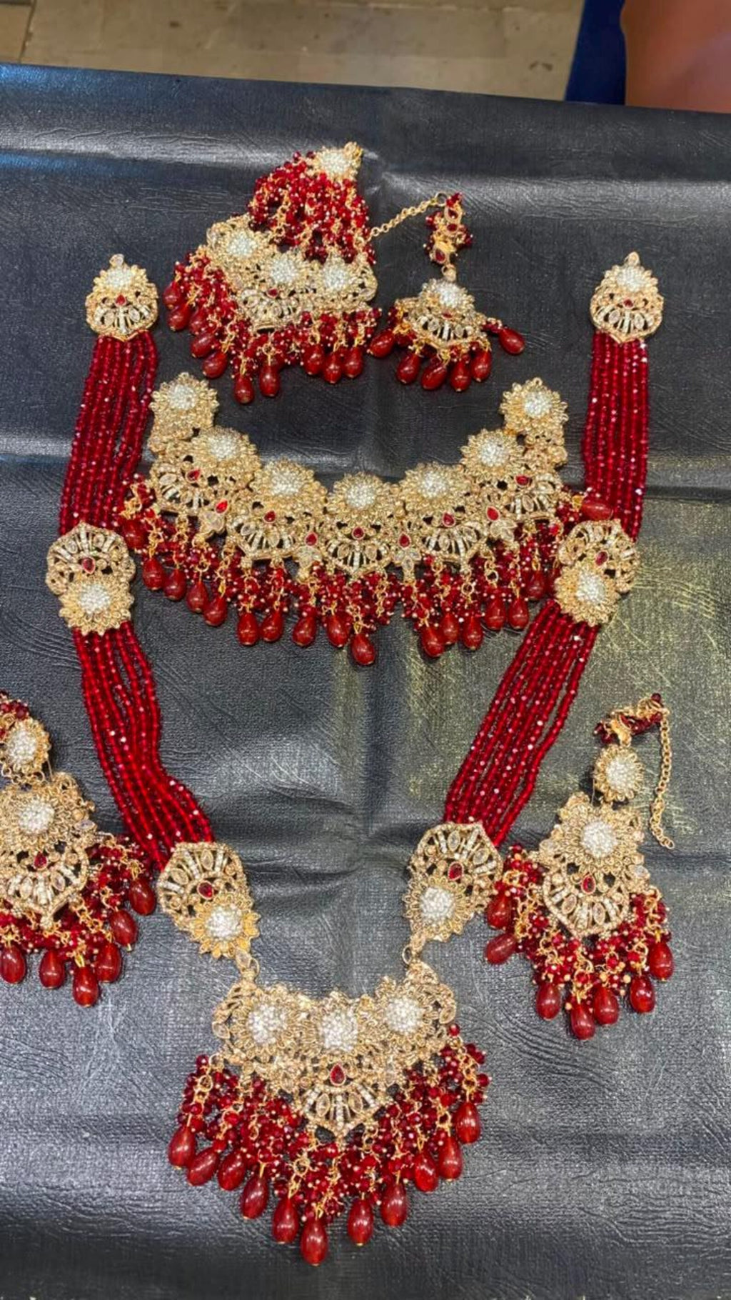 Kohinoor - Red Kundan Bridal Jewelry Set, Gold Pearl Floral Necklace, Earrings, Tikka