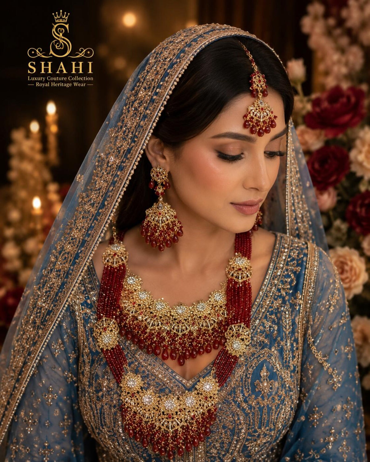 Kohinoor - Red Kundan Bridal Jewelry Set, Gold Pearl Floral Necklace, Earrings, Tikka