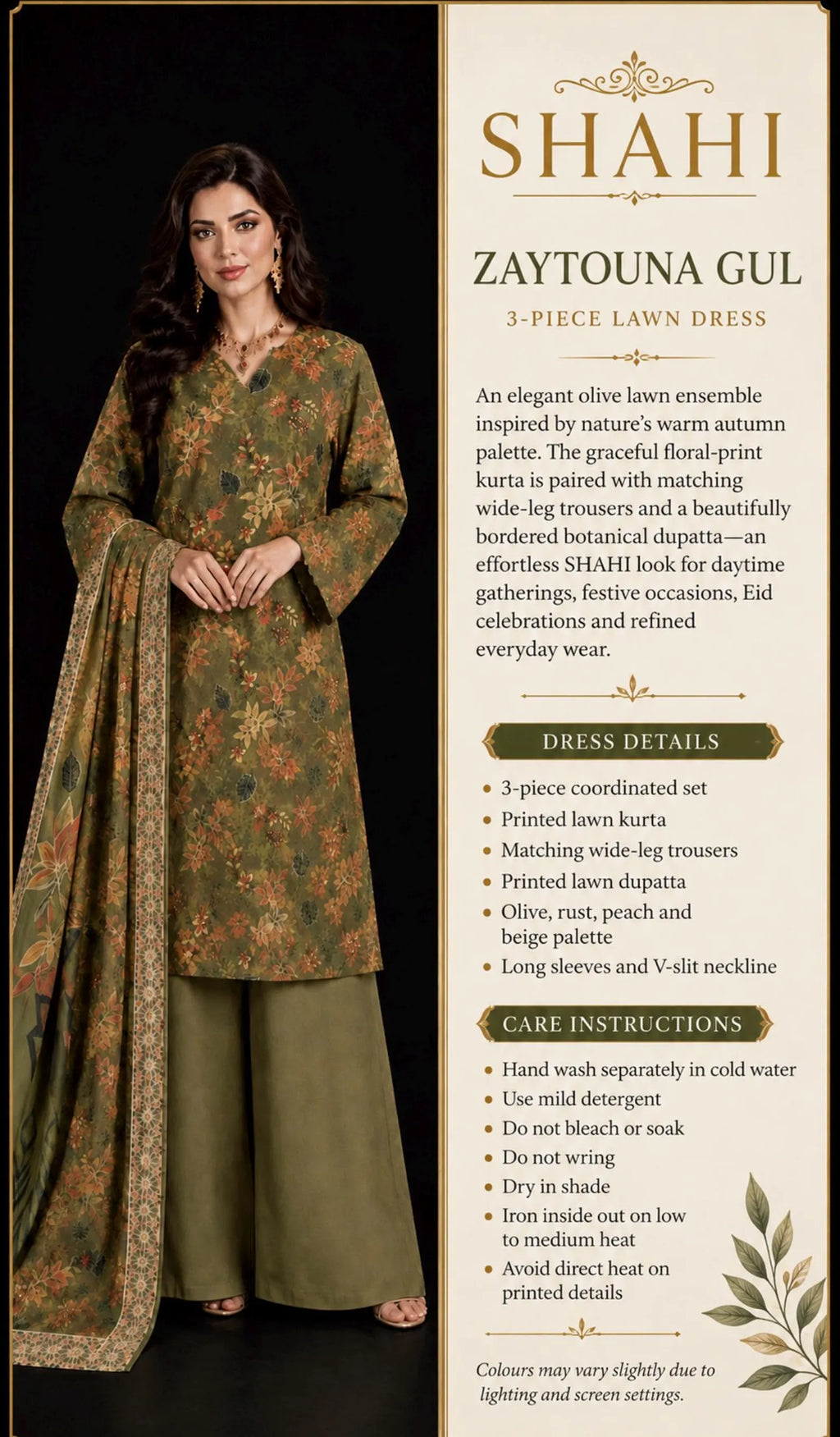 Zaytouna Gul Olive Green Floral Lawn Suit | 3-Piece Pakistani Eid Dress with Dupatta