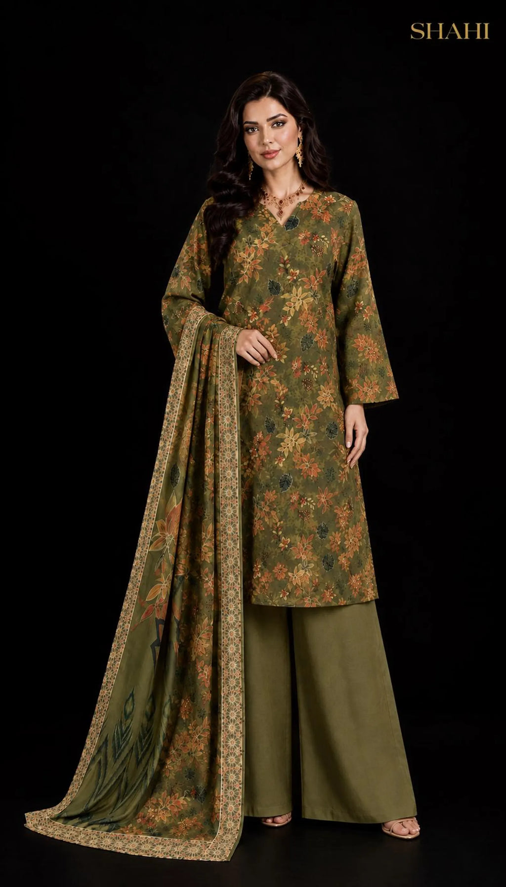 Zaytouna Gul Olive Green Floral Lawn Suit | 3-Piece Pakistani Eid Dress with Dupatta