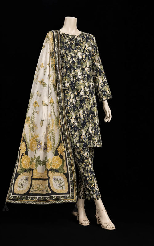Gul-e-Zaitoon Olive Navy Abstract Floral Lawn Suit, 3 Piece Pakistani Printed Dress, Statement Botanical Dupatta