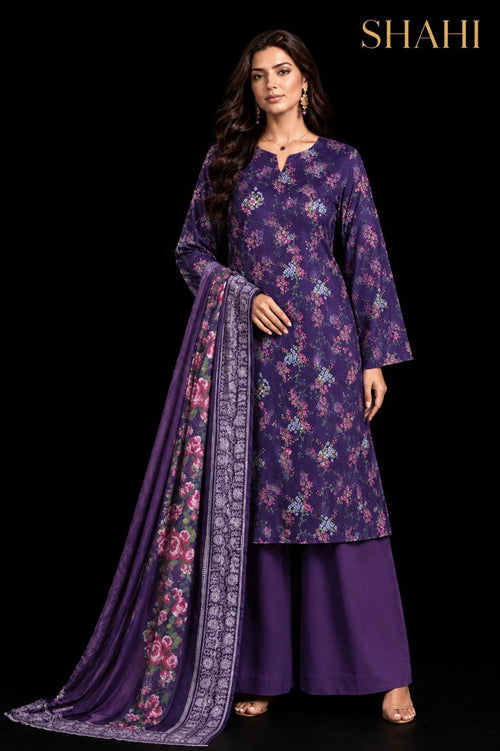 Gul-e-Banafsha Floral Lawn Suit, 3-Piece Printed Kurta, Wide Leg Pants, Dupatta (Eid Wear)