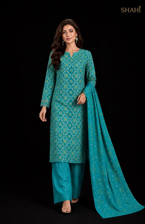 Feroza Noor Pakistani Lawn Suit, 3-Piece Turquoise Kurta, Wide Leg Pants, Printed Dupatta